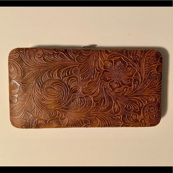 Alan Jackson Handbags - Brown floral patterned hard wallet/clutch